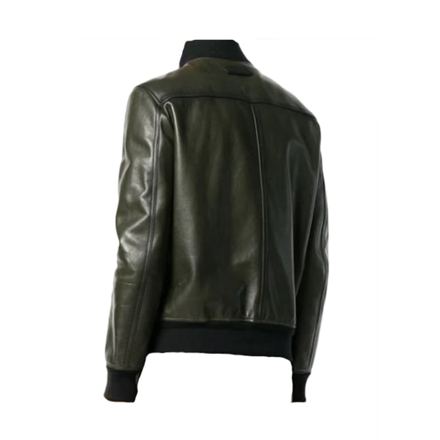 Simple green bomber leather jacket back
