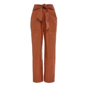 Stylish brown vegan leather tie knot on waist pants
