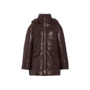 Women brown vegan leather hooded puffer coat