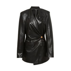 Women ruched fashion black leather blazer