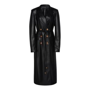 Women faux black leather trench coat