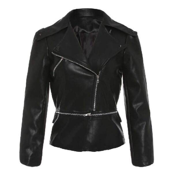 womens black YKK zipper standard slim fit leather jacket