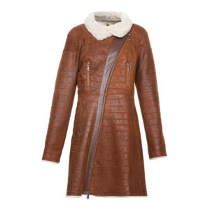 Womens brown shearling trimmed long leather coat