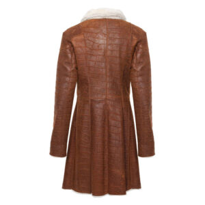 Womens brown shearling trimmed long leather coat back