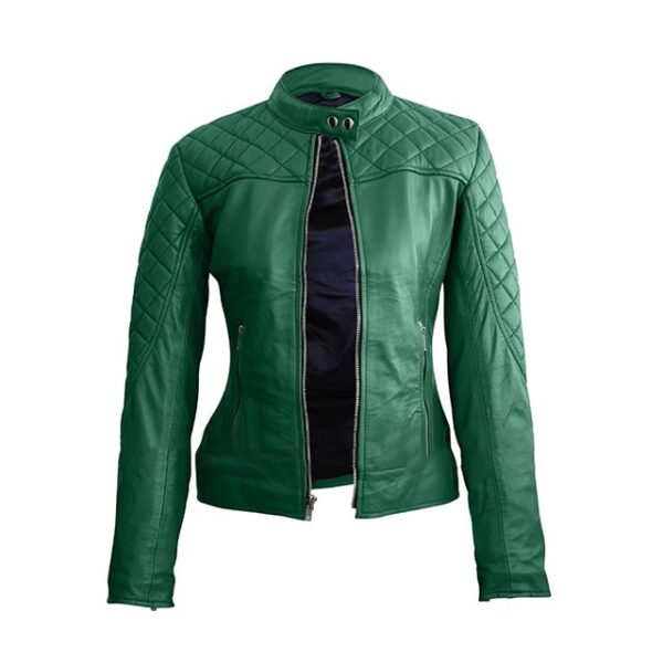 Womens green classy quilted biker leather jacket front open