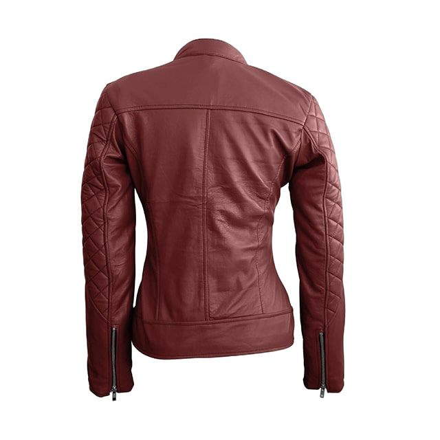 Womens maroon classy quilted biker leather jacket back