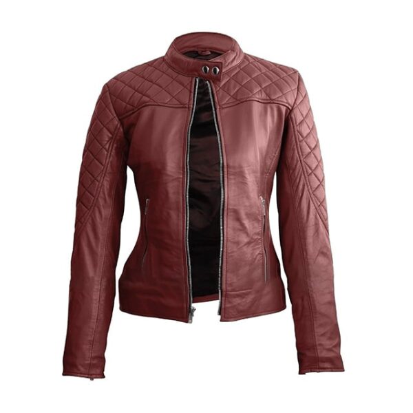 Womens maroon classy quilted biker leather jacket front open