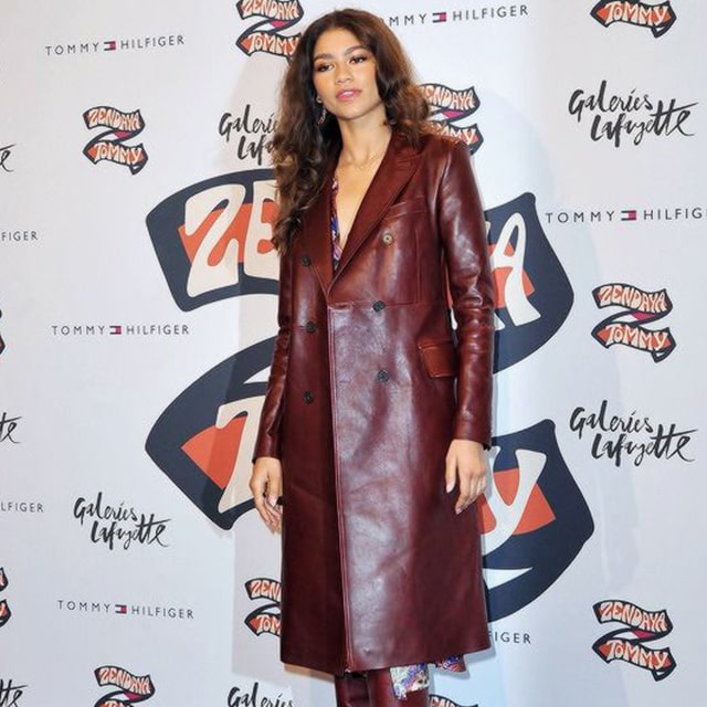 Zendaya in Tommy Hilfiger collection maroon leather coat