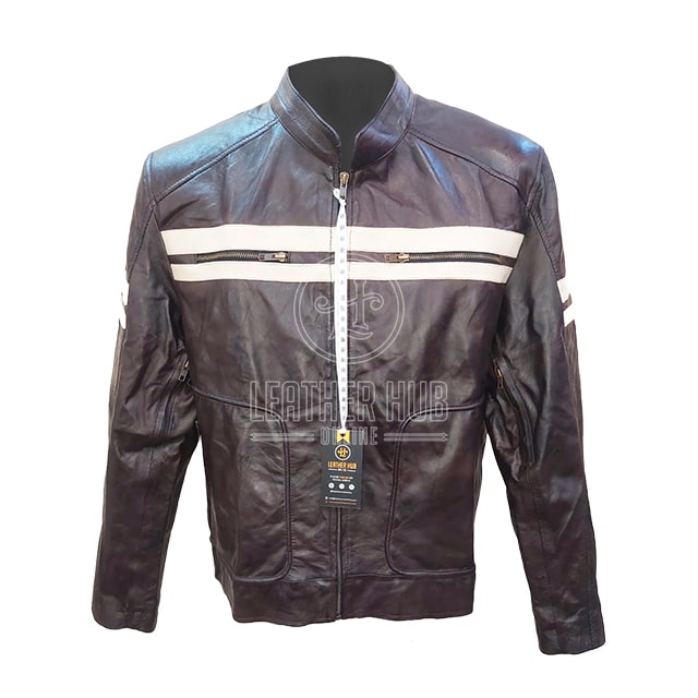 classic vintage brown skull emblem biker leather jacket